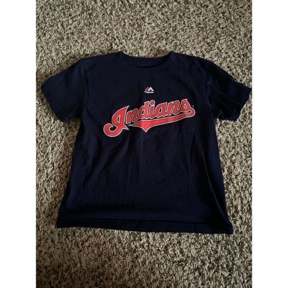 Majestic Boys Navy Blue Indians short sleeve‎ shirt size 6/7